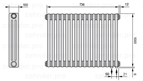 Схема (чертеж) Радиатор Zehnder Charleston 3100/16 №5510 Белый глянцевый RAL 9016